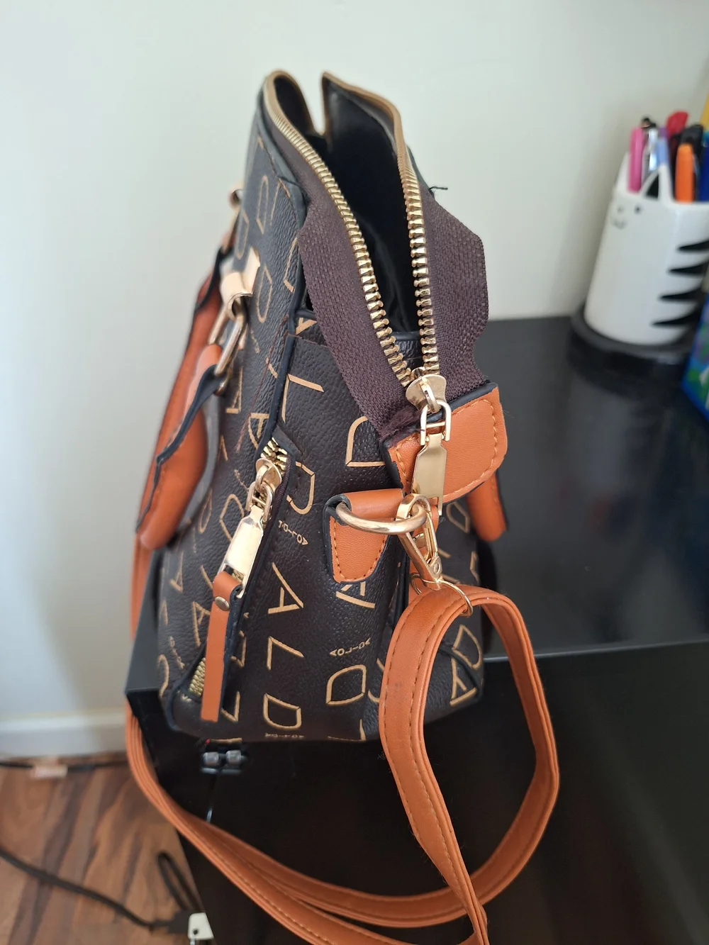 Brown Monogram Satchel Handbag with Tan Trim